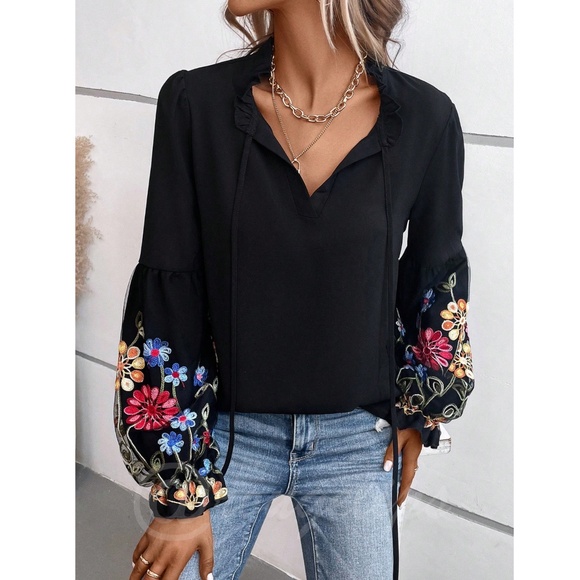 Black Boho Blouse Long Sleeve Floral Embroidery Neck Ties - Picture 2 of 10